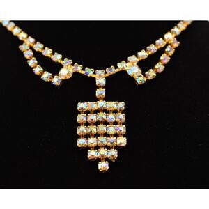 Vintage Crystal Necklace Collar Rhinestone Aurora Borealis Prong Gold 80s Bin1D